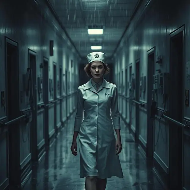 Empty hospital hallway at night with a ghostly nurse in an old-fashioned uniform walking door to door.