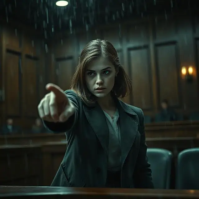 "Young female survivor bravely pointing in a courtroom during a 1980s trial, wearing vintage clothes and surrounded by a legal setting"