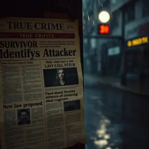 "Collage of vintage 1980s newspaper clippings about a brutal true crime case and a survivor’s testimony"