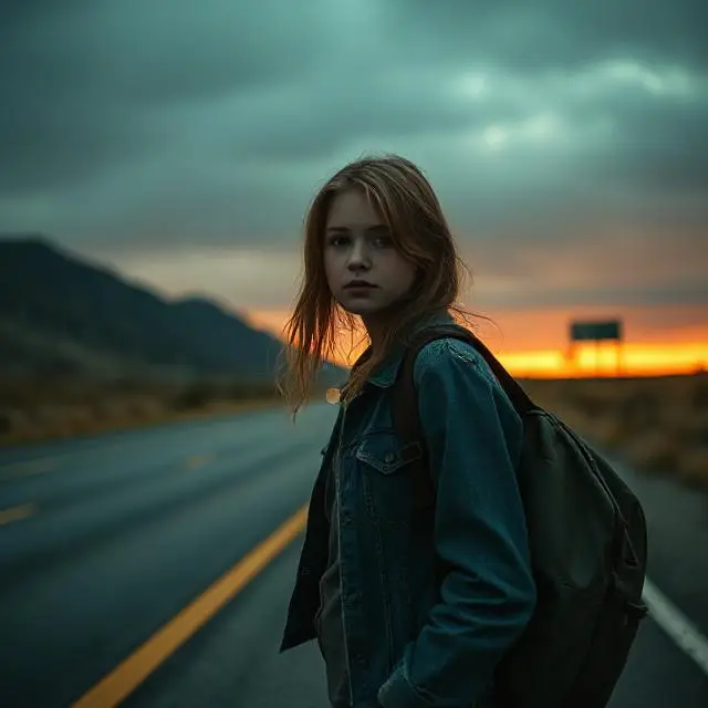 15-year-old girl in 1970s or early 1980s attire, denim jacket and backpack, hitchhiking on a desolate California highway Mary Vincent