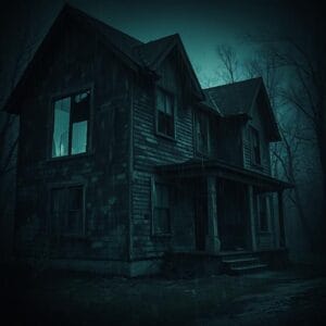 A dimly lit old haunted house with broken windows and overgrown plants around it.