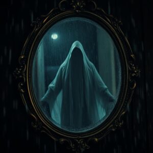 A dark mirror with a ghostly figure reflected in it, creating an eerie atmosphere.