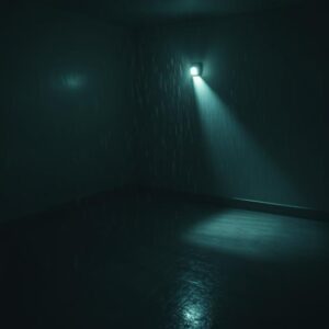 A dim light flickering in an empty room with shadows cast on the walls.