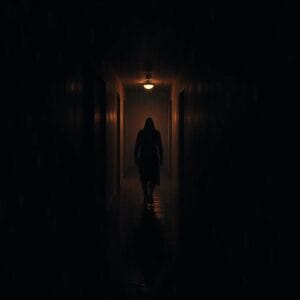 A shadowy figure standing at the end of a dark hallway with a faint light.