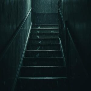 An old wooden staircase with faint footprints leading up the stairs in the dim light.