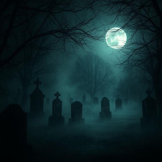 A foggy, moonlit graveyard with gravestones under a full moon.