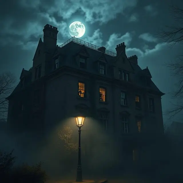 Exterior of a haunted Victorian hotel in the UK at night, shrouded in fog with glowing windows and eerie atmosphere — representing one of the most haunted hotels in the UK.